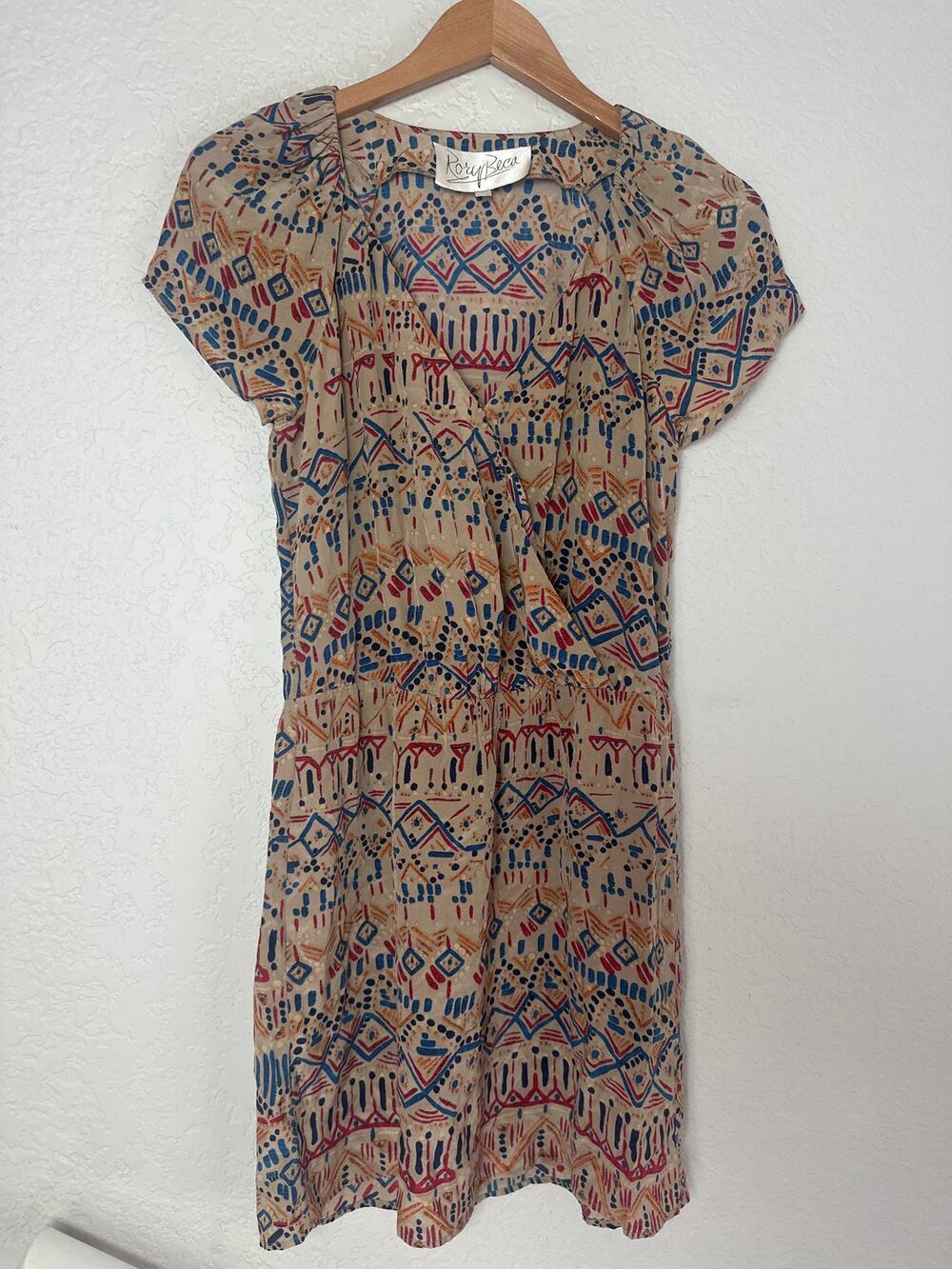 Rory Beca 100% Silk Tan Dress Aztec Boho Casual Resortwear Cruise Beach Vacation